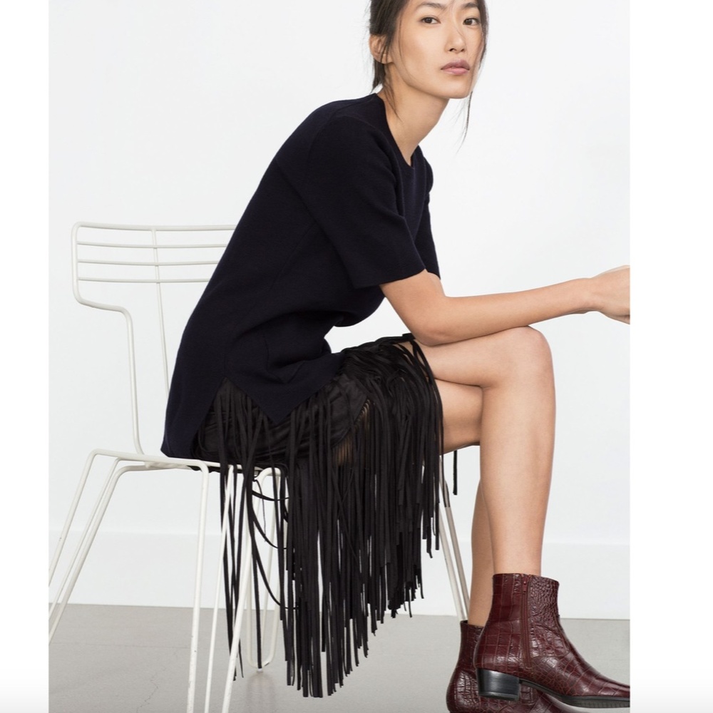 NEW Zara black fringe suede skirt
